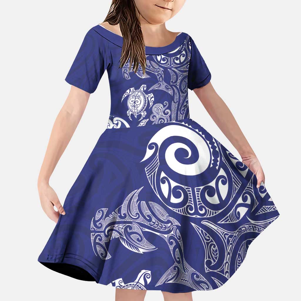New Zealand Sea Animals with Maori Tribal Tattoo Family Matching Long Sleeve Bodycon Dress and Hawaiian Shirt Blue Color LT03 Daughter's Dress Blue - Polynesian Pride