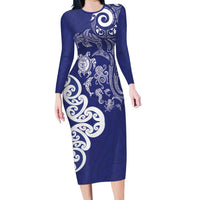 New Zealand Sea Animals with Maori Tribal Tattoo Family Matching Long Sleeve Bodycon Dress and Hawaiian Shirt Blue Color LT03 Mom's Dress Blue - Polynesian Pride