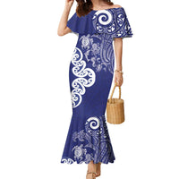 New Zealand Sea Animals with Maori Tribal Tattoo Family Matching Mermaid Dress and Hawaiian Shirt Blue Color LT03 Mom's Dress Blue - Polynesian Pride