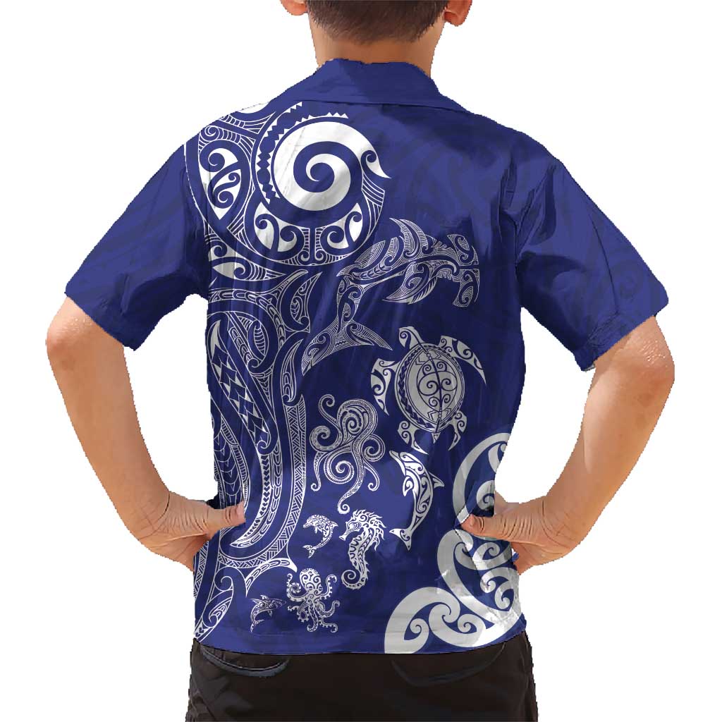 New Zealand Sea Animals with Maori Tribal Tattoo Family Matching Off Shoulder Maxi Dress and Hawaiian Shirt Blue Color LT03 - Polynesian Pride