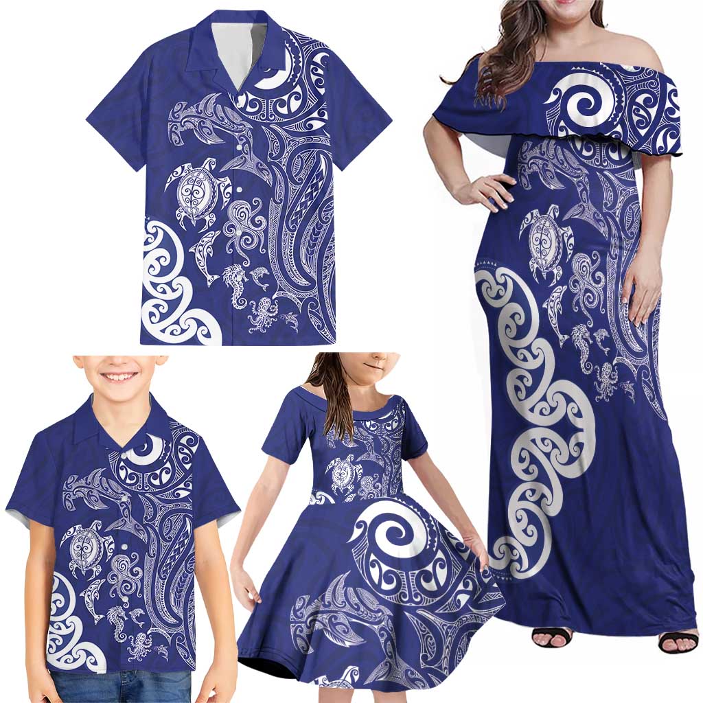 New Zealand Sea Animals with Maori Tribal Tattoo Family Matching Off Shoulder Maxi Dress and Hawaiian Shirt Blue Color