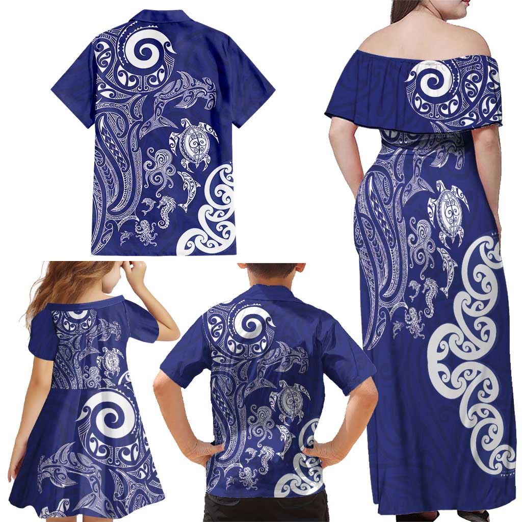 New Zealand Sea Animals with Maori Tribal Tattoo Family Matching Off Shoulder Maxi Dress and Hawaiian Shirt Blue Color LT03 - Polynesian Pride