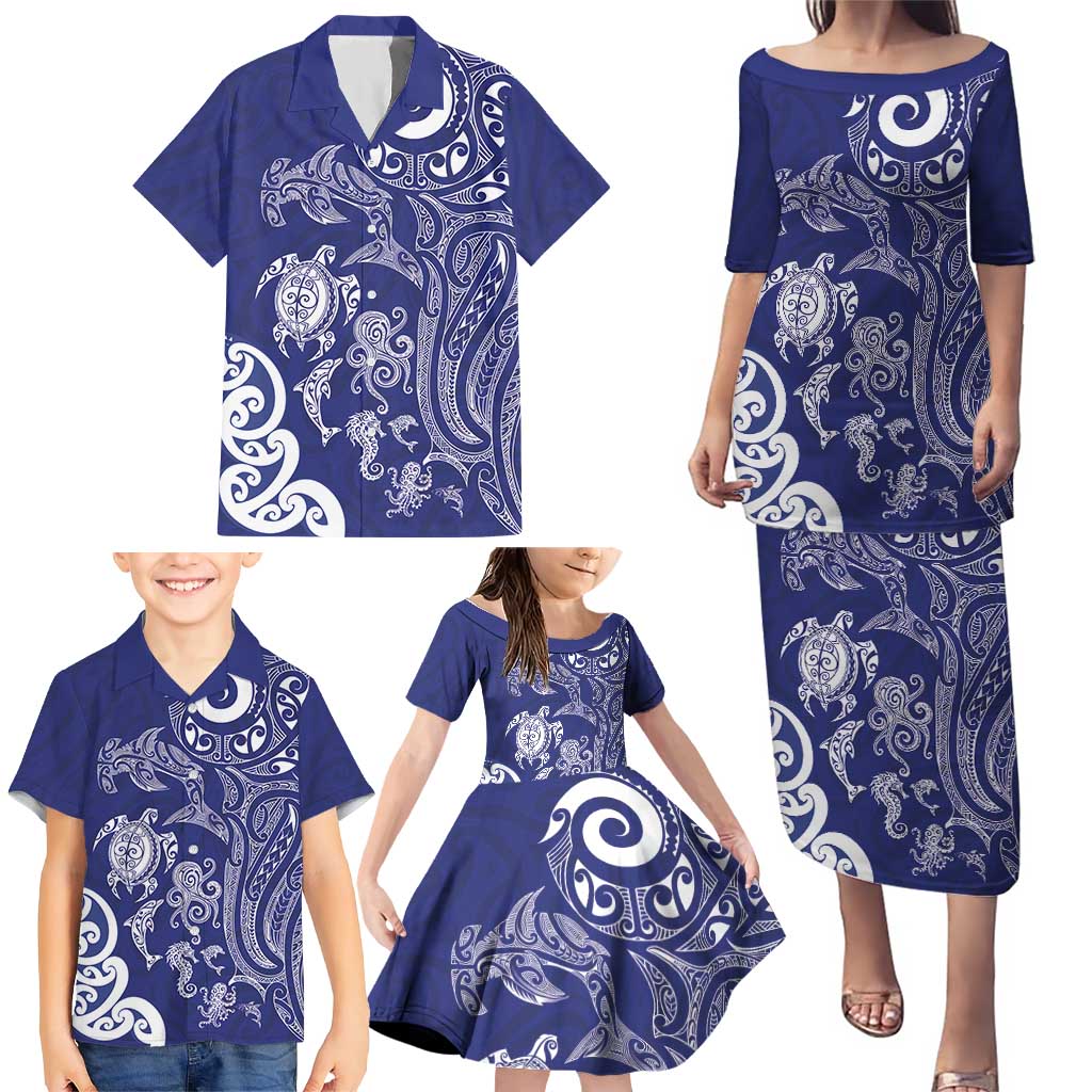 New Zealand Sea Animals with Maori Tribal Tattoo Family Matching Puletasi and Hawaiian Shirt Blue Color LT03 - Polynesian Pride