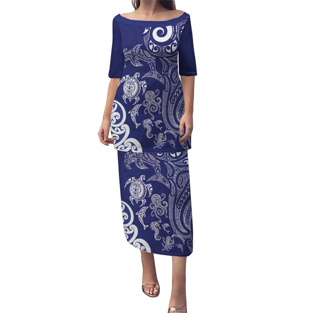 New Zealand Sea Animals with Maori Tribal Tattoo Family Matching Puletasi and Hawaiian Shirt Blue Color LT03 Mom's Dress Blue - Polynesian Pride