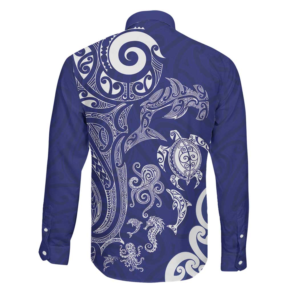 New Zealand Sea Animals with Maori Tribal Tattoo Family Matching Short Sleeve Bodycon Dress and Hawaiian Shirt Blue Color LT03 - Polynesian Pride