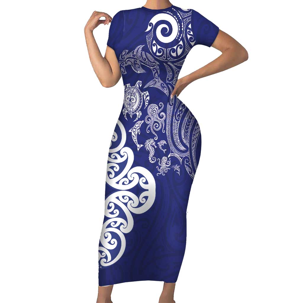 New Zealand Sea Animals with Maori Tribal Tattoo Family Matching Short Sleeve Bodycon Dress and Hawaiian Shirt Blue Color LT03 Mom's Dress Blue - Polynesian Pride