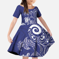 New Zealand Sea Animals with Maori Tribal Tattoo Family Matching Summer Maxi Dress and Hawaiian Shirt Blue Color LT03 Daughter's Dress Blue - Polynesian Pride