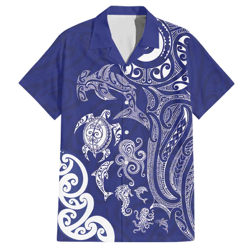 New Zealand Sea Animals with Maori Tribal Tattoo Family Matching Summer Maxi Dress and Hawaiian Shirt Blue Color LT03 Dad's Shirt - Short Sleeve Blue - Polynesian Pride