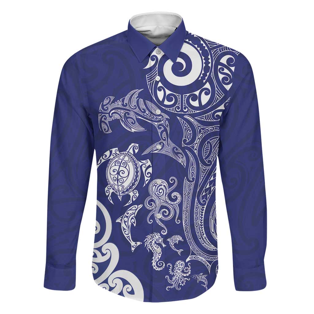 New Zealand Sea Animals with Maori Tribal Tattoo Family Matching Summer Maxi Dress and Hawaiian Shirt Blue Color LT03 Dad's Shirt - Long Sleeve Blue - Polynesian Pride