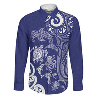 New Zealand Sea Animals with Maori Tribal Tattoo Family Matching Summer Maxi Dress and Hawaiian Shirt Blue Color LT03 Dad's Shirt - Long Sleeve Blue - Polynesian Pride