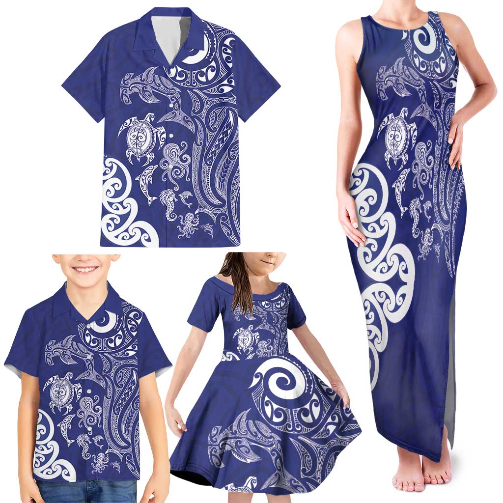 New Zealand Sea Animals with Maori Tribal Tattoo Family Matching Tank Maxi Dress and Hawaiian Shirt Blue Color