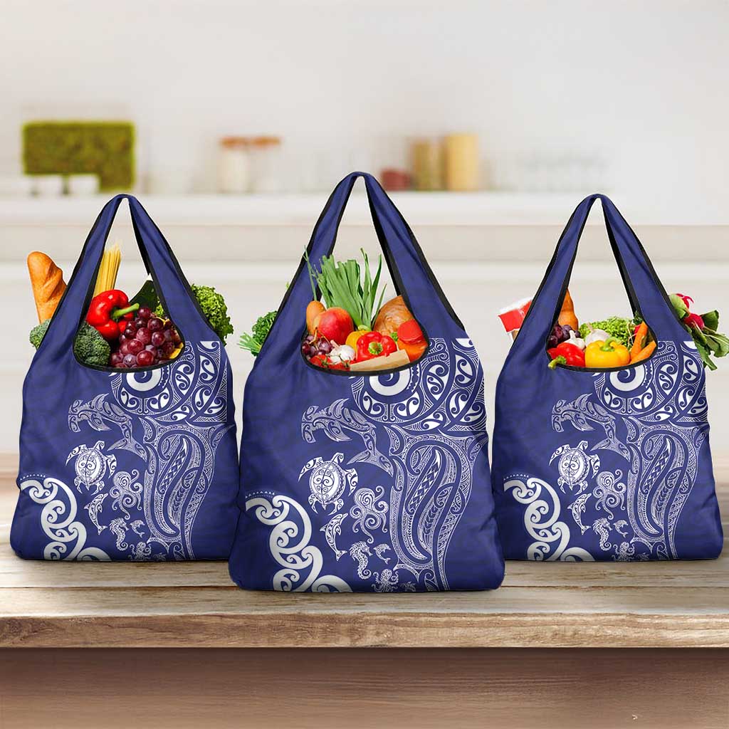 New Zealand Sea Animals with Maori Tribal Tattoo Grocery Bag Blue Color