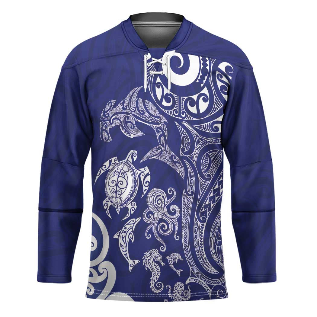 New Zealand Sea Animals with Maori Tribal Tattoo Hockey Jersey Blue Color LT03 Unisex Blue - Polynesian Pride