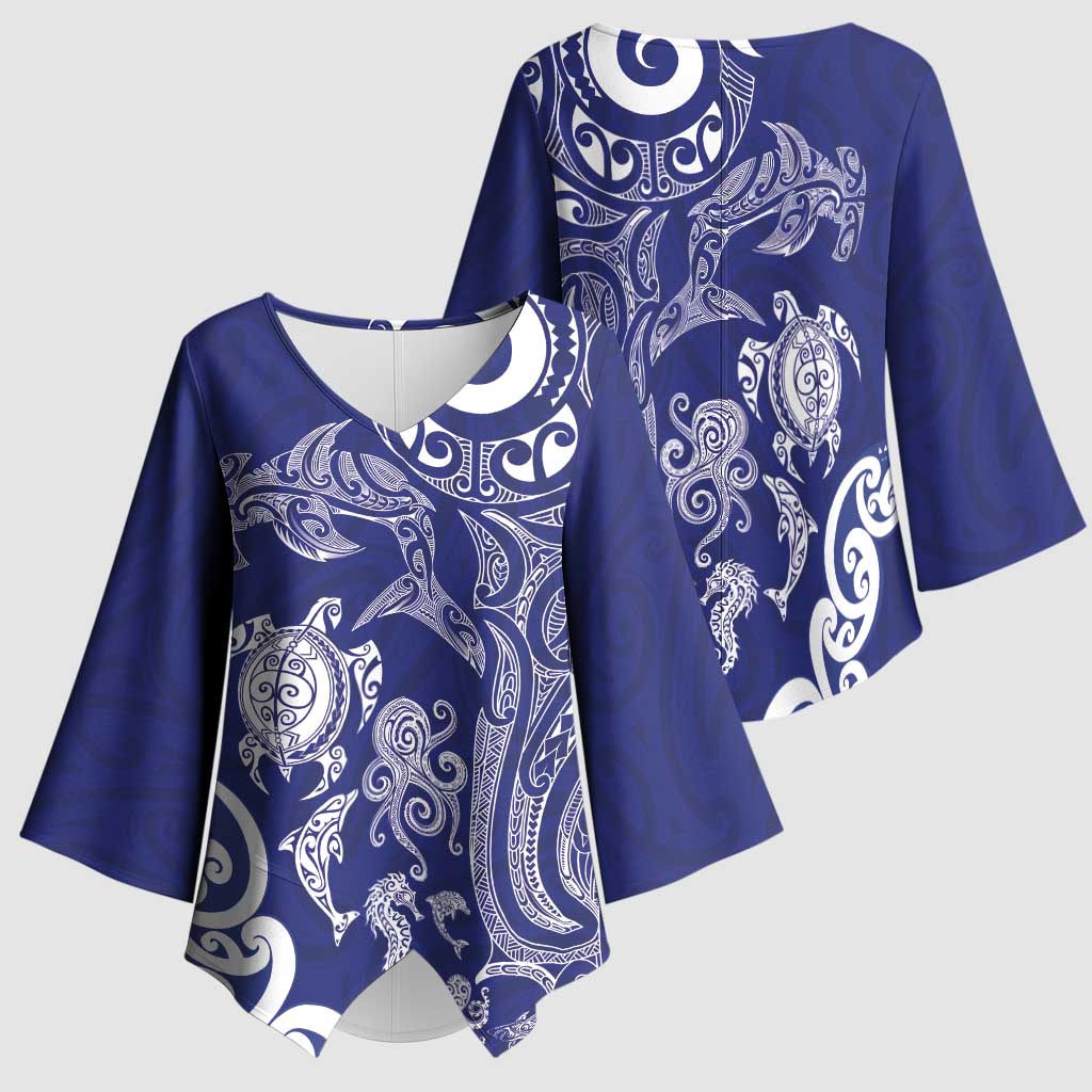 New Zealand Sea Animals with Maori Tribal Tattoo Kimono Sleeve Blouse Blue Color