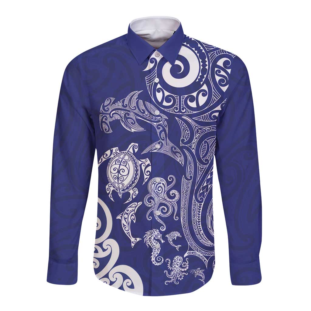 New Zealand Sea Animals with Maori Tribal Tattoo Long Sleeve Button Shirt Blue Color LT03 Unisex Blue - Polynesian Pride