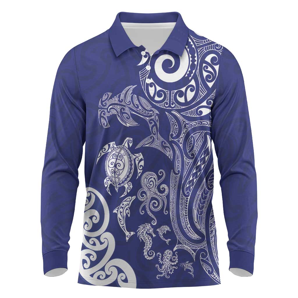 New Zealand Sea Animals with Maori Tribal Tattoo Long Sleeve Polo Shirt Blue Color LT03 Blue - Polynesian Pride