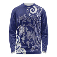 New Zealand Sea Animals with Maori Tribal Tattoo Long Sleeve Shirt Blue Color