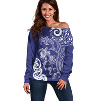 New Zealand Sea Animals with Maori Tribal Tattoo Off Shoulder Sweater Blue Color LT03 Women Blue - Polynesian Pride