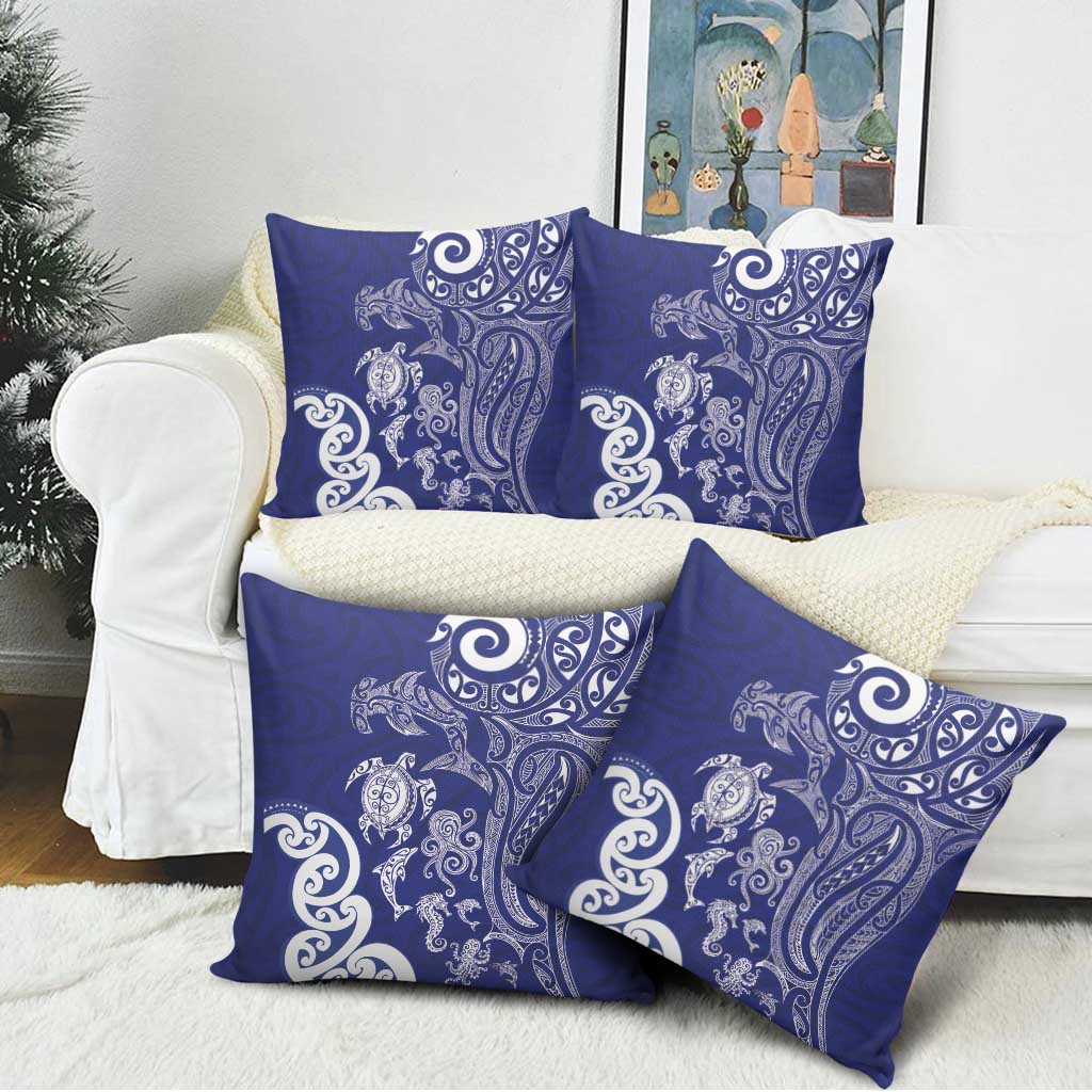 New Zealand Sea Animals with Maori Tribal Tattoo Pillow Cover Blue Color