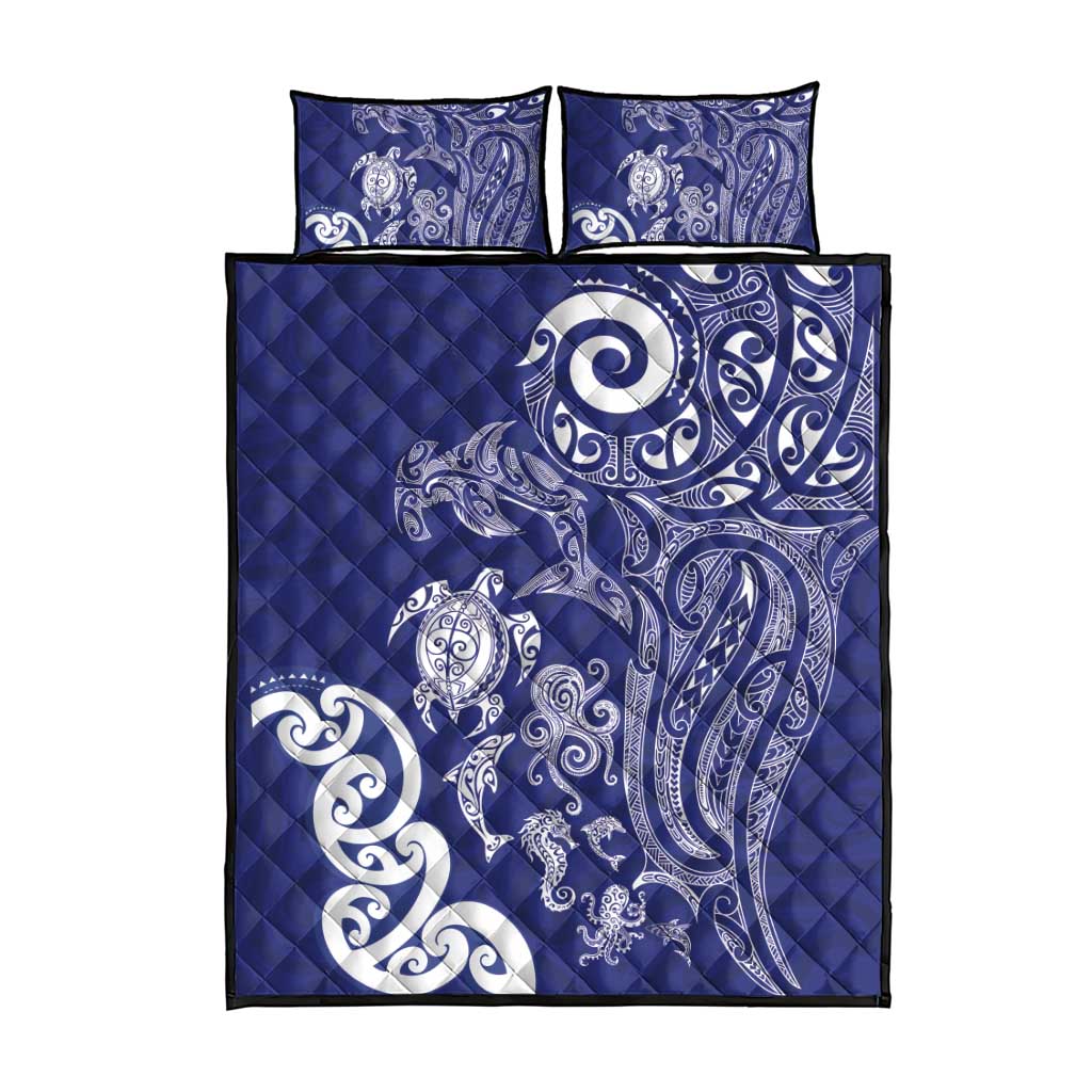 New Zealand Sea Animals with Maori Tribal Tattoo Quilt Bed Set Blue Color LT03 - Polynesian Pride