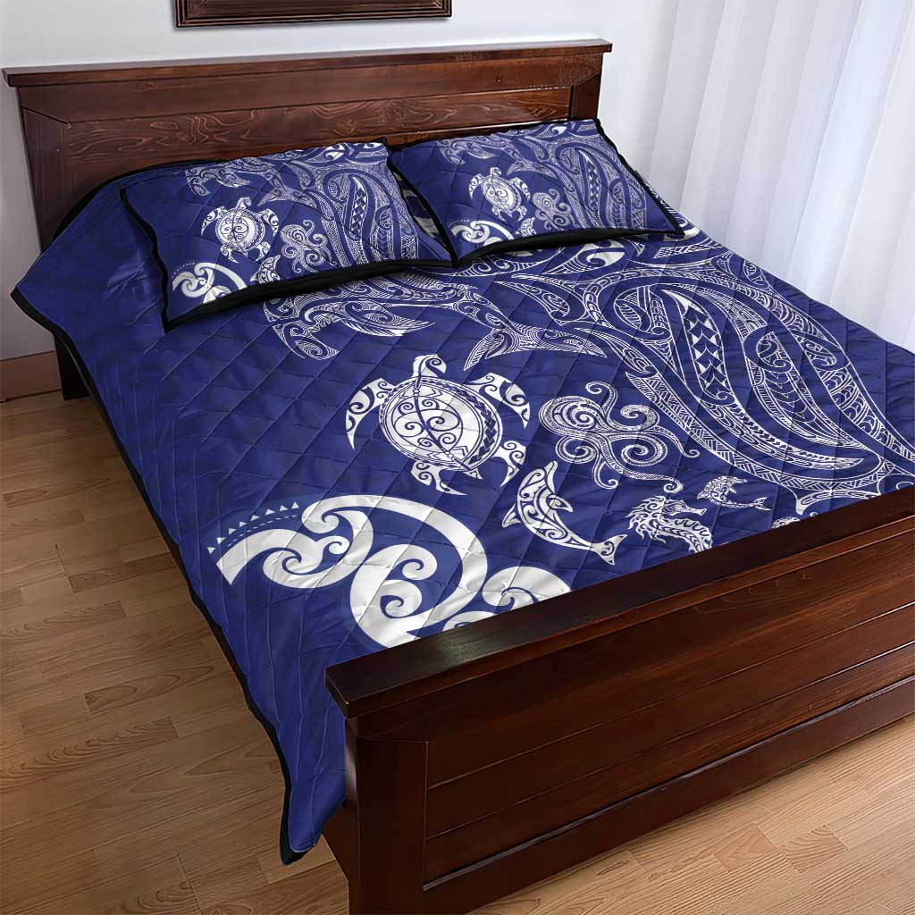 New Zealand Sea Animals with Maori Tribal Tattoo Quilt Bed Set Blue Color LT03 - Polynesian Pride