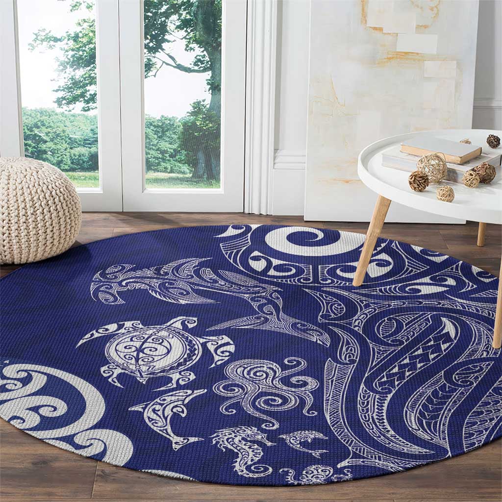 New Zealand Sea Animals with Maori Tribal Tattoo Round Carpet Blue Color LT03 - Polynesian Pride