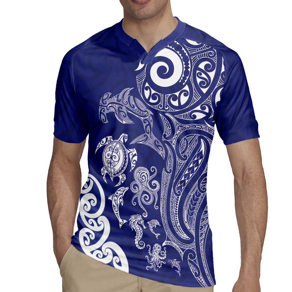 New Zealand Sea Animals with Maori Tribal Tattoo Rugby Jersey Blue Color