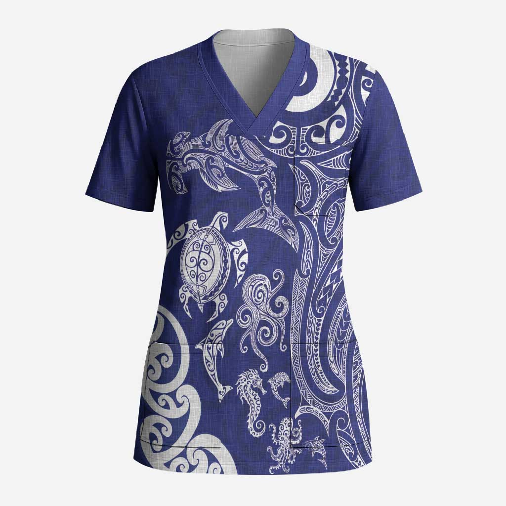 New Zealand Sea Animals with Maori Tribal Tattoo Scrub Top Blue Color