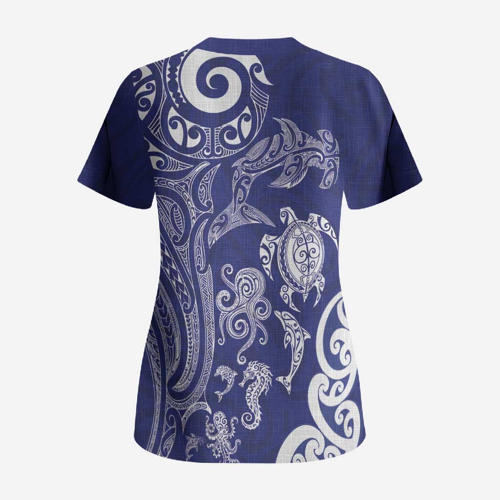 New Zealand Sea Animals with Maori Tribal Tattoo Scrub Top Blue Color LT03 - Polynesian Pride