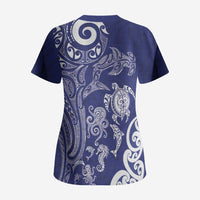 New Zealand Sea Animals with Maori Tribal Tattoo Scrub Top Blue Color LT03 - Polynesian Pride