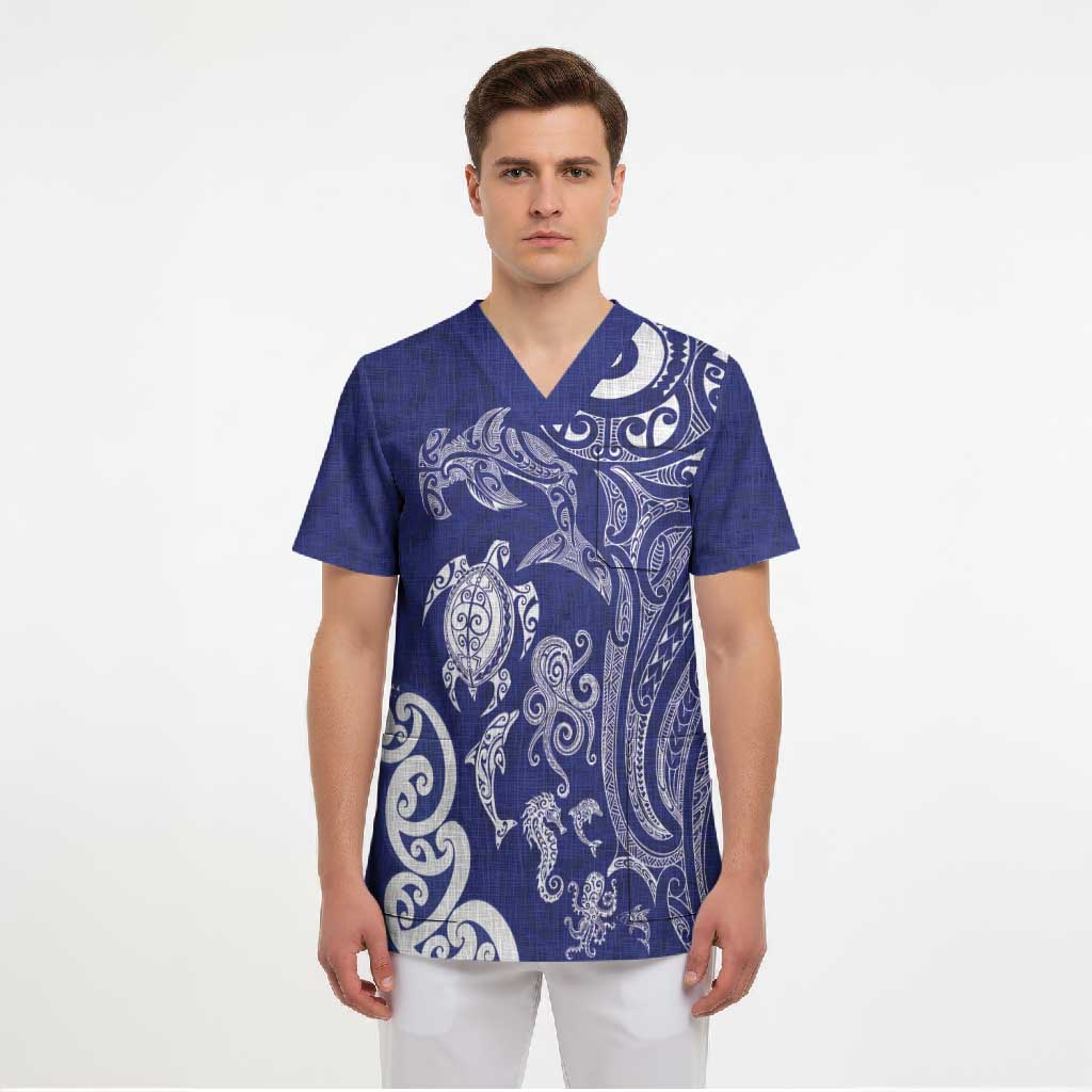 New Zealand Sea Animals with Maori Tribal Tattoo Scrub Top Blue Color LT03 - Polynesian Pride
