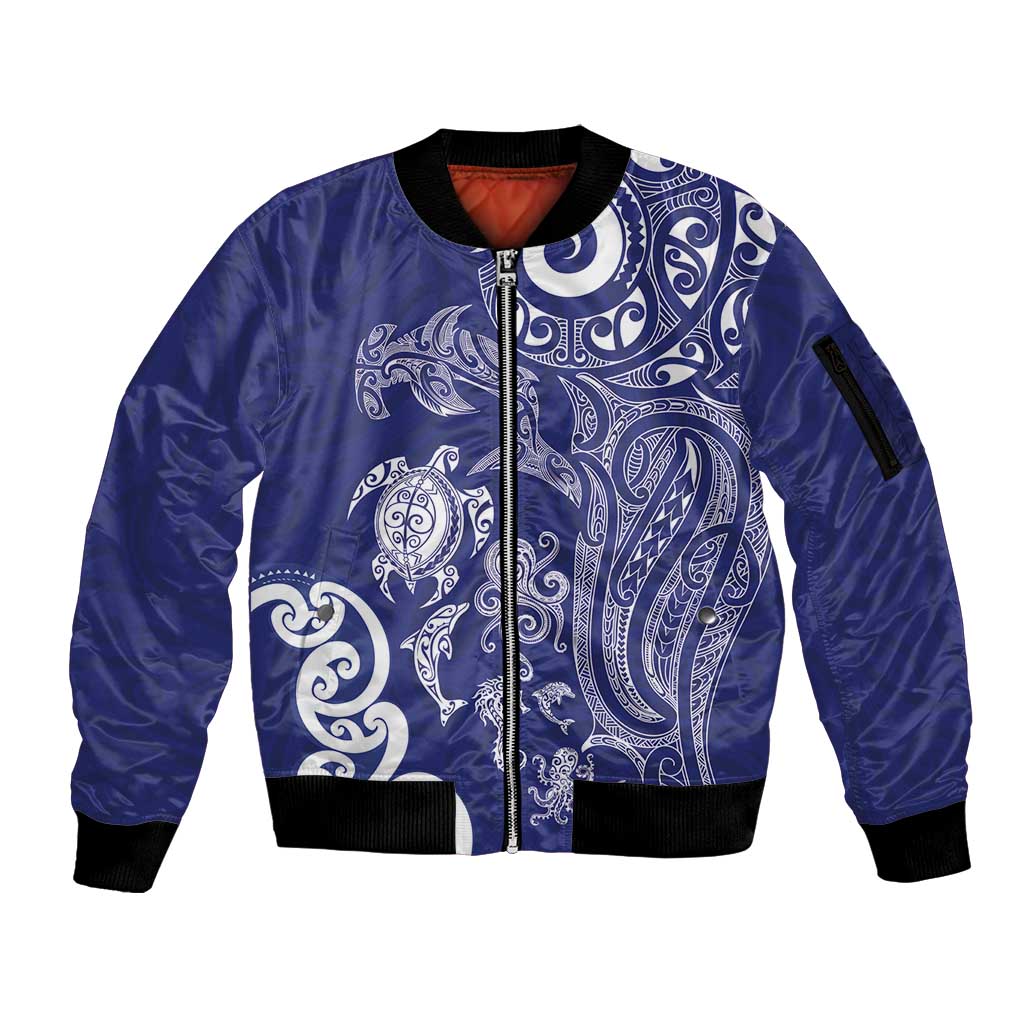 New Zealand Sea Animals with Maori Tribal Tattoo Sleeve Zip Bomber Jacket Blue Color LT03 Unisex Blue - Polynesian Pride