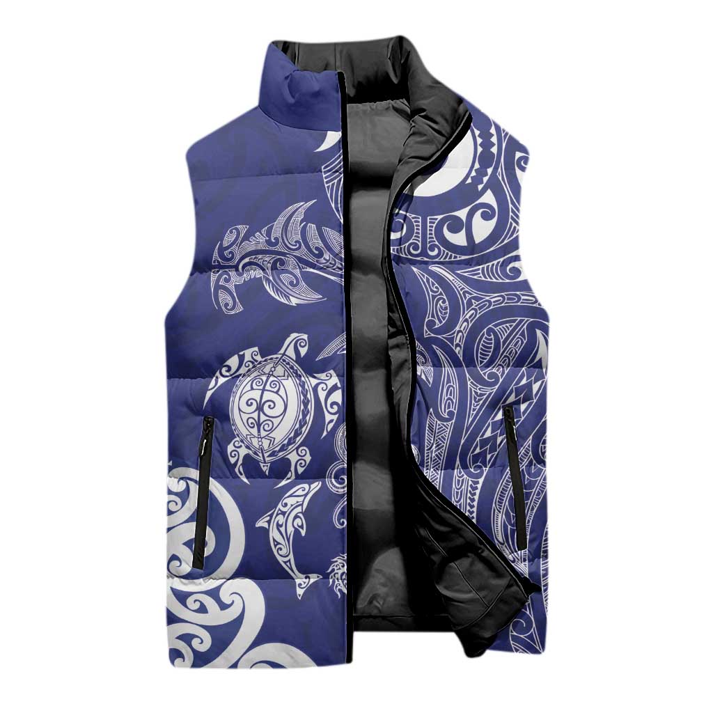 New Zealand Sea Animals with Maori Tribal Tattoo Sleeveless Puffer Jacket Blue Color LT03 - Polynesian Pride