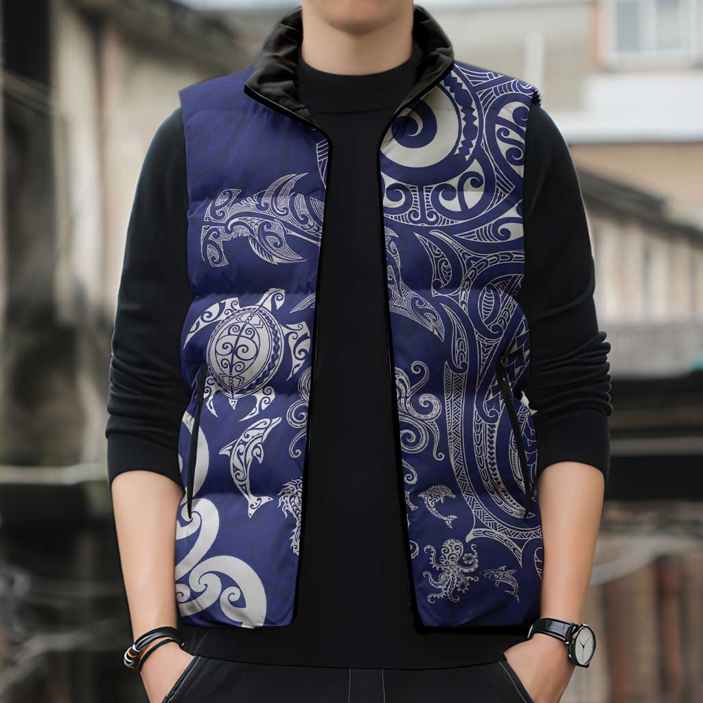 New Zealand Sea Animals with Maori Tribal Tattoo Sleeveless Puffer Jacket Blue Color LT03 - Polynesian Pride
