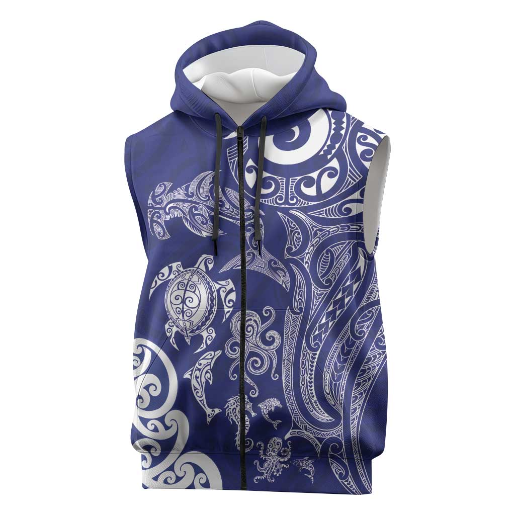 New Zealand Sea Animals with Maori Tribal Tattoo Sleeveless Zip Hoodie Blue Color
