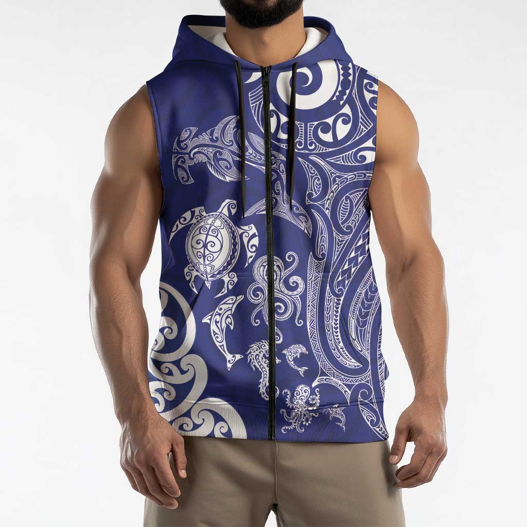 New Zealand Sea Animals with Maori Tribal Tattoo Sleeveless Zip Hoodie Blue Color LT03 - Polynesian Pride