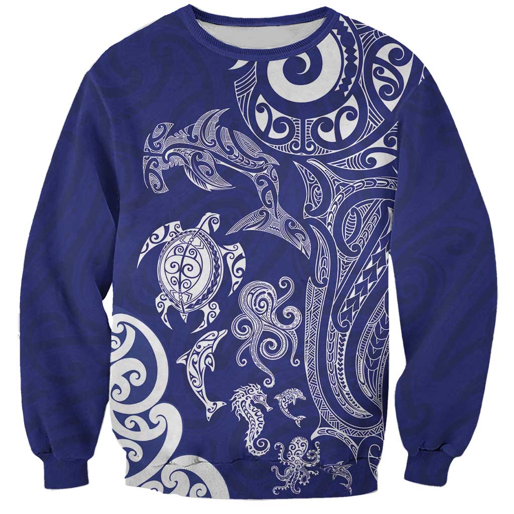 New Zealand Sea Animals with Maori Tribal Tattoo Sweatshirt Blue Color LT03 Unisex Blue - Polynesian Pride