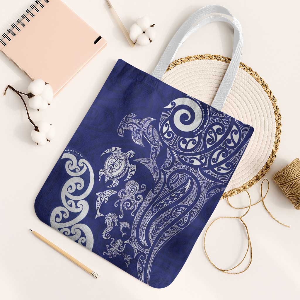 New Zealand Sea Animals with Maori Tribal Tattoo Tote Bag Blue Color