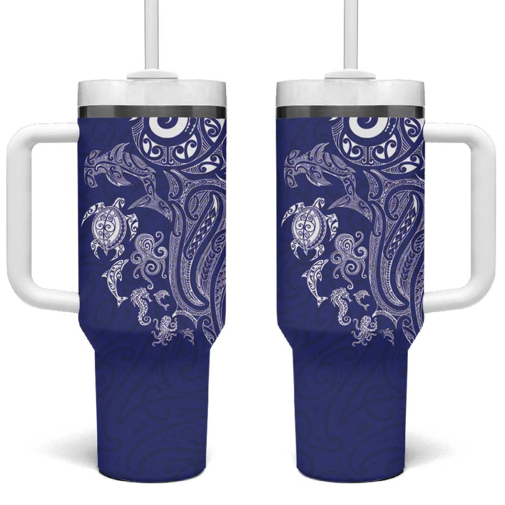 New Zealand Sea Animals with Maori Tribal Tattoo Tumbler With Handle Blue Color