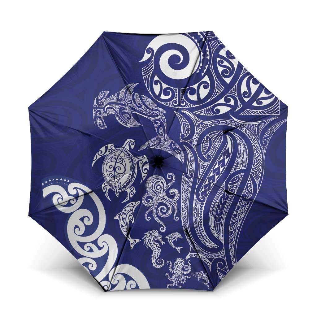 New Zealand Sea Animals with Maori Tribal Tattoo Umbrella Blue Color