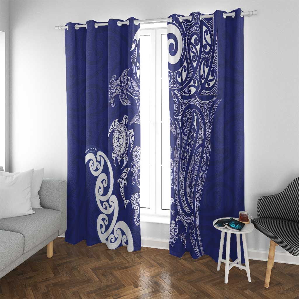 New Zealand Sea Animals with Maori Tribal Tattoo Window Curtain Blue Color LT03 With Grommets Blue - Polynesian Pride
