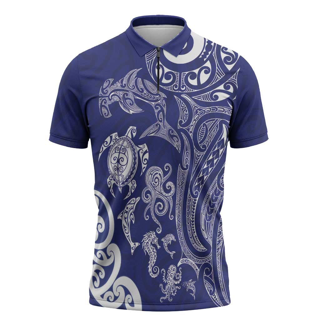 New Zealand Sea Animals with Maori Tribal Tattoo Zipper Polo Shirt Blue Color