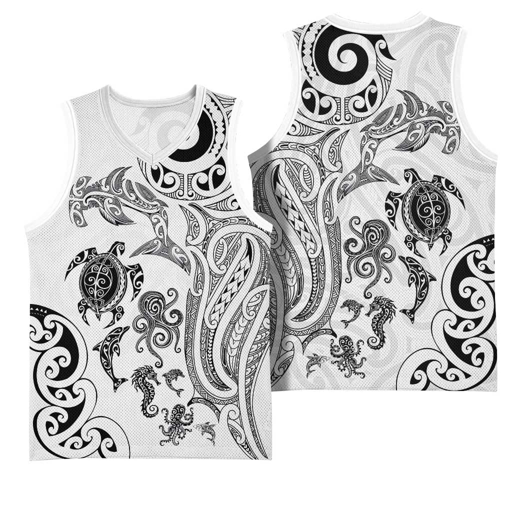 New Zealand Sea Animals with Maori Tribal Tattoo Basketball Jersey White Color LT03 - Polynesian Pride
