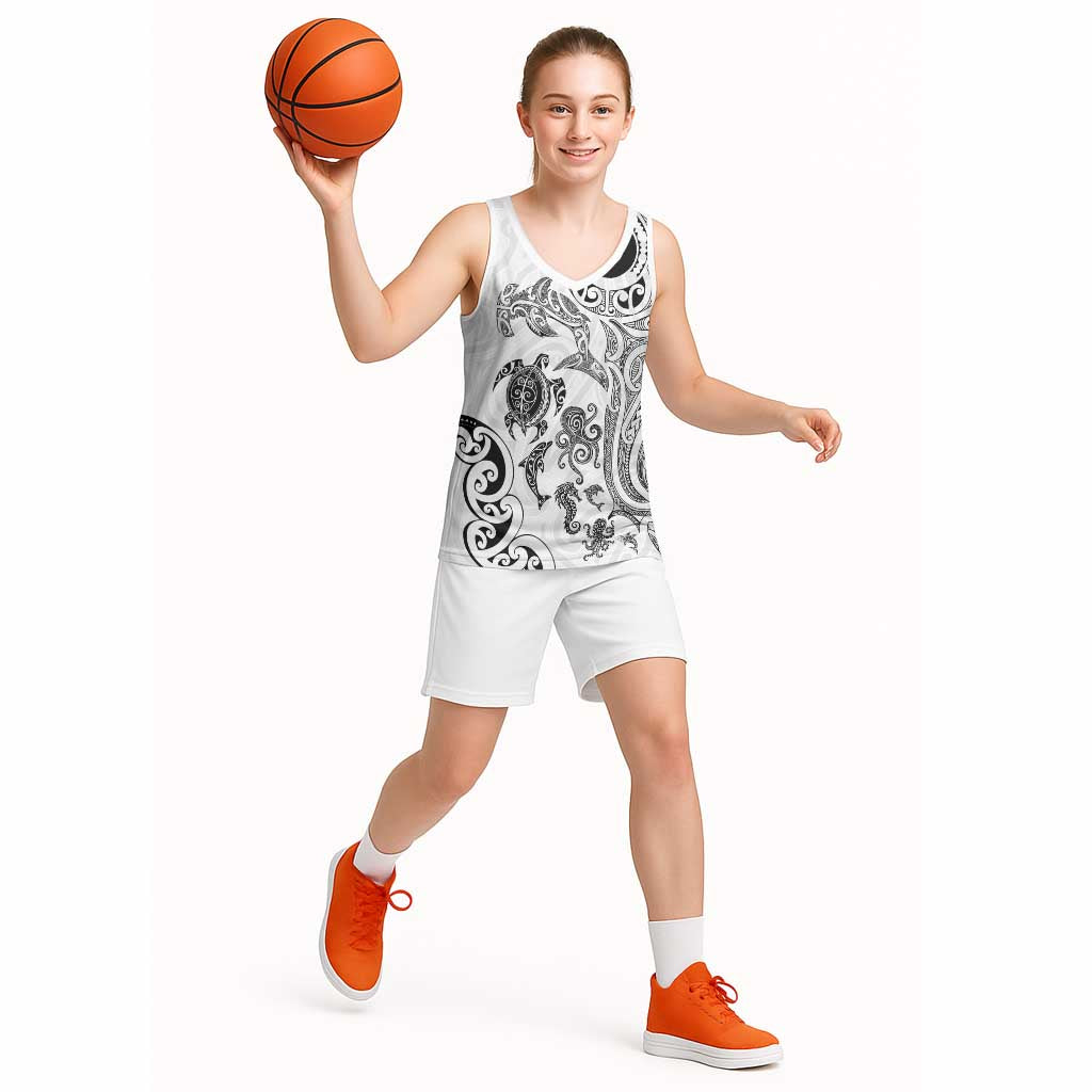 New Zealand Sea Animals with Maori Tribal Tattoo Basketball Jersey White Color LT03 - Polynesian Pride