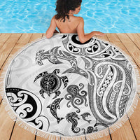 New Zealand Sea Animals with Maori Tribal Tattoo Beach Blanket White Color LT03 - Polynesian Pride