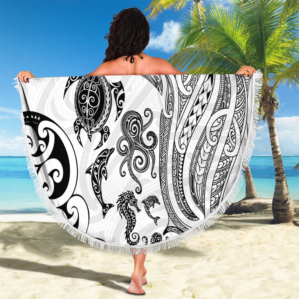 New Zealand Sea Animals with Maori Tribal Tattoo Beach Blanket White Color LT03 - Polynesian Pride
