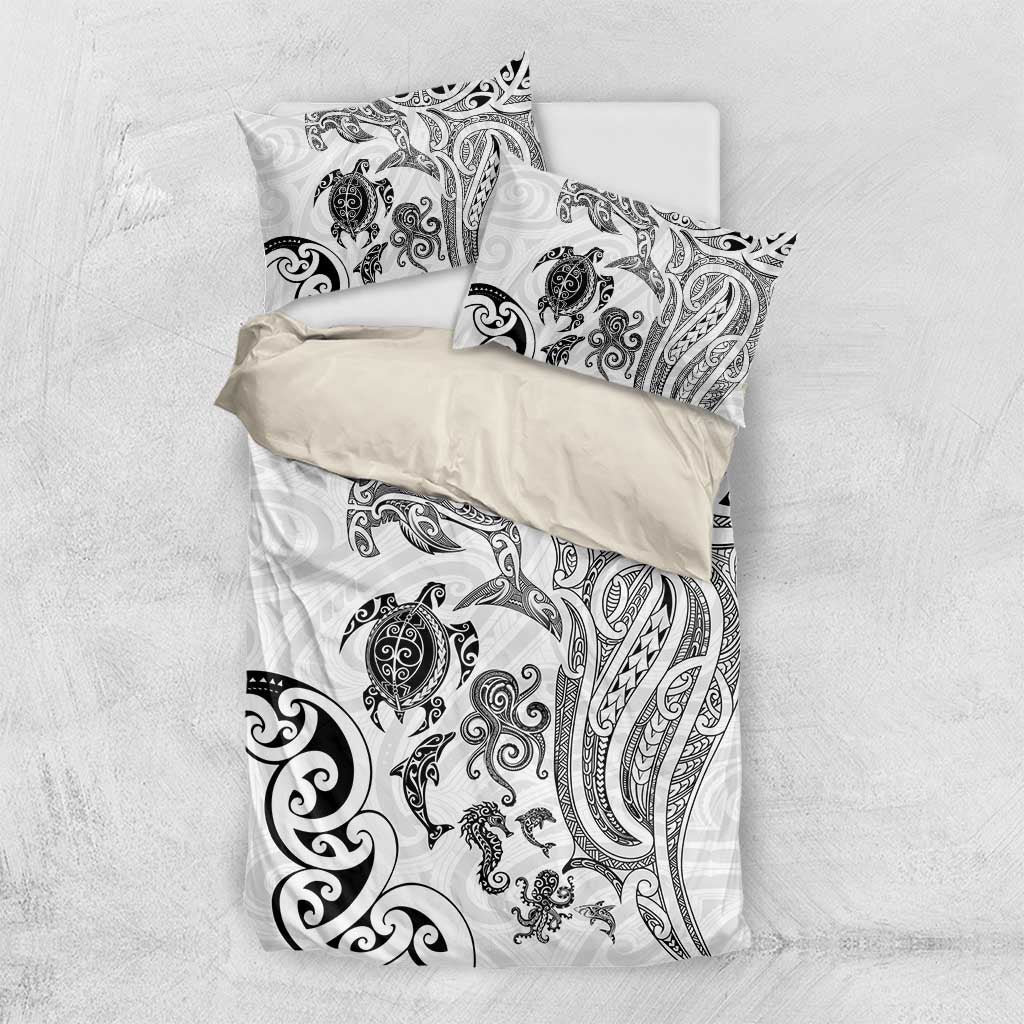 New Zealand Sea Animals with Maori Tribal Tattoo Bedding Set White Color LT03 US Twin 172cm x 218cm White - Polynesian Pride