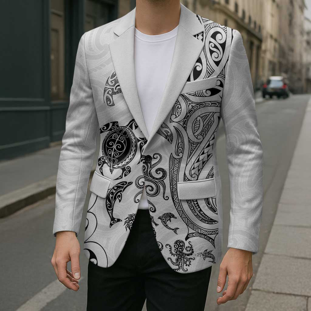 New Zealand Sea Animals with Maori Tribal Tattoo Blazer White Color LT03 - Polynesian Pride