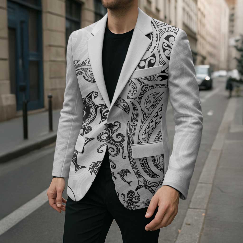 New Zealand Sea Animals with Maori Tribal Tattoo Blazer White Color LT03 - Polynesian Pride