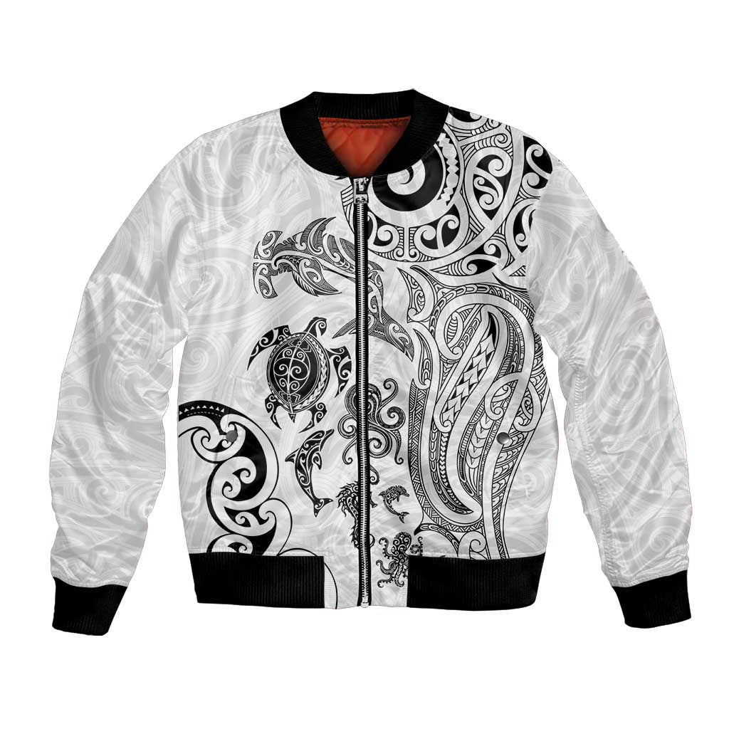 New Zealand Sea Animals with Maori Tribal Tattoo Bomber Jacket White Color LT03 Unisex White - Polynesian Pride